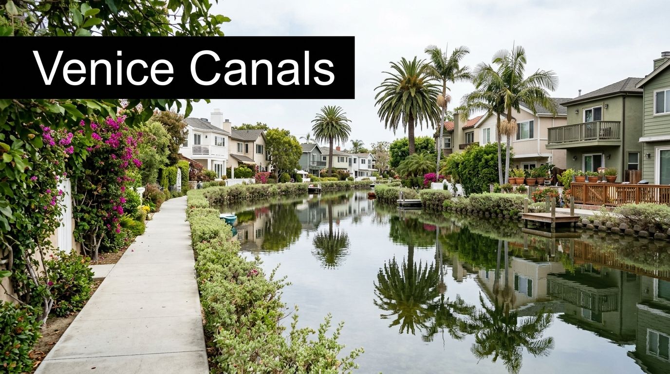 A peaceful canal lined with trees and residential homes in the Venice neighborhood of Los Angeles.