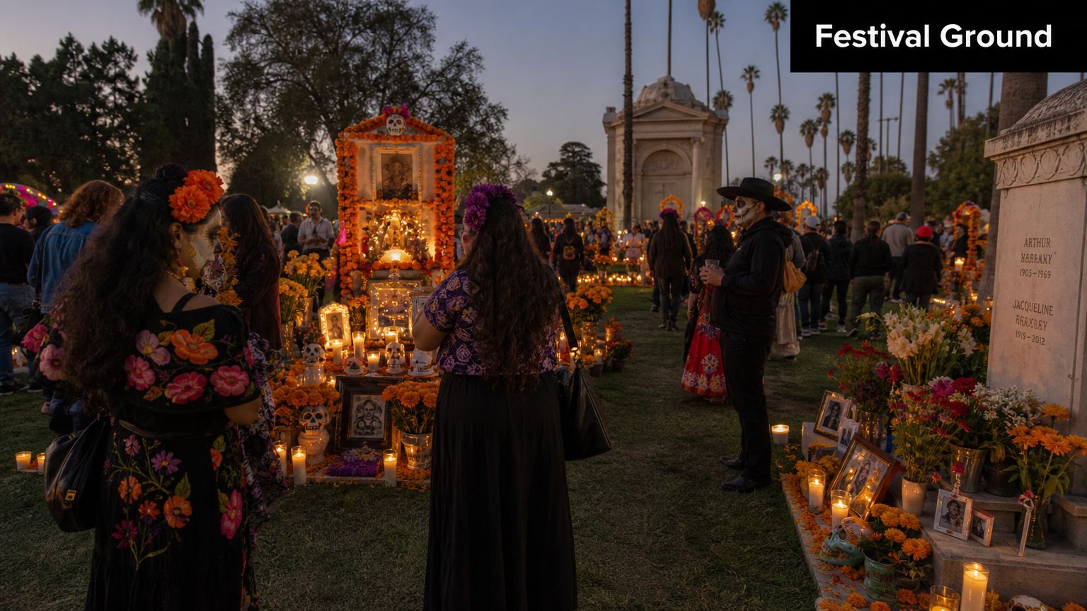People in festive attire gather around elaborate altars and gravesites at the Hollywood Forever Cemetery during Dia de los Muertos.
