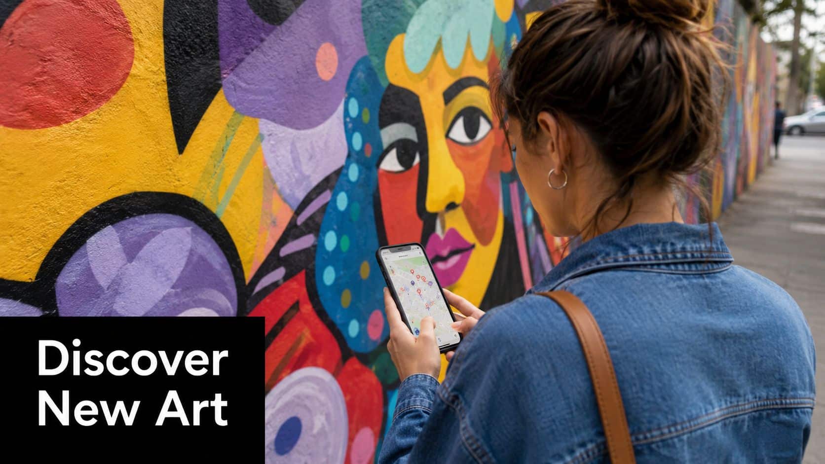 A young woman in a denim jacket looking at a map on her smartphone before a mural.