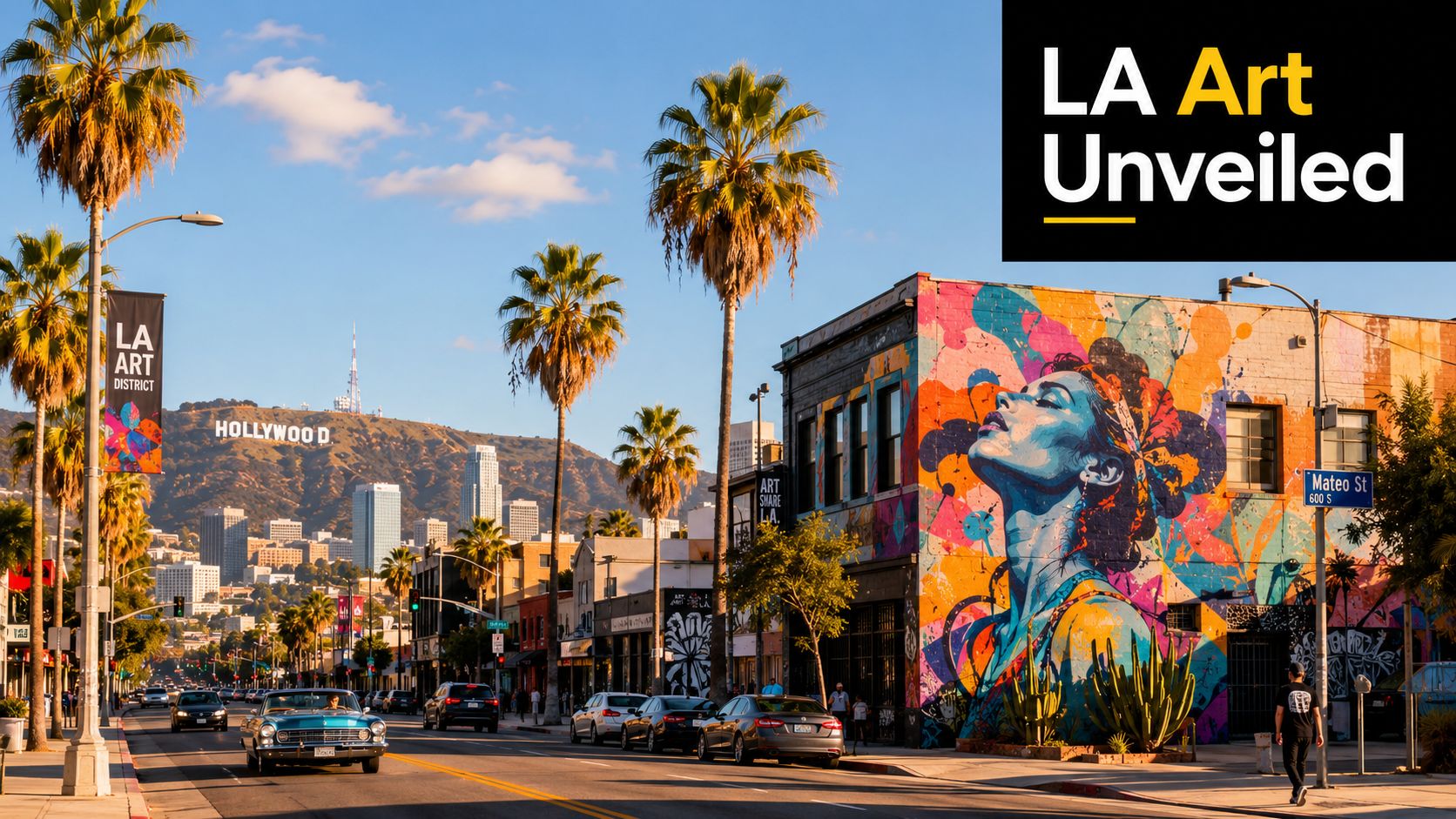 A vibrant street scene in Los Angeles featuring a large colorful mural on a building wall.