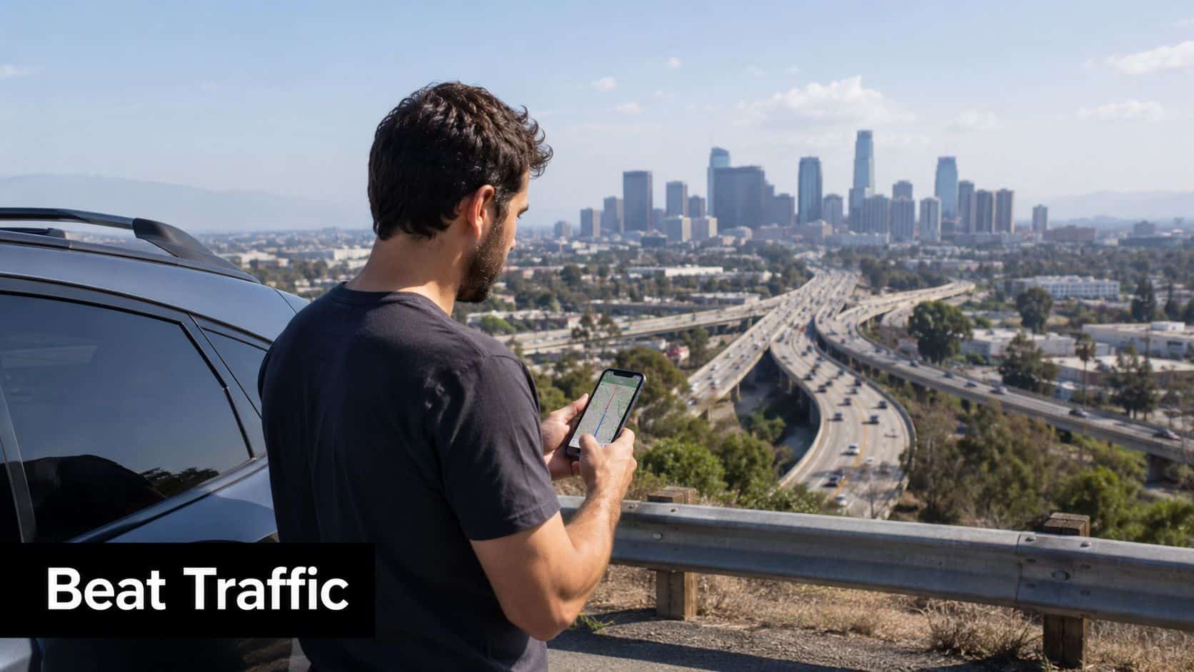 A man stands by his car looking at a traffic navigation map on his phone near Los Angeles.