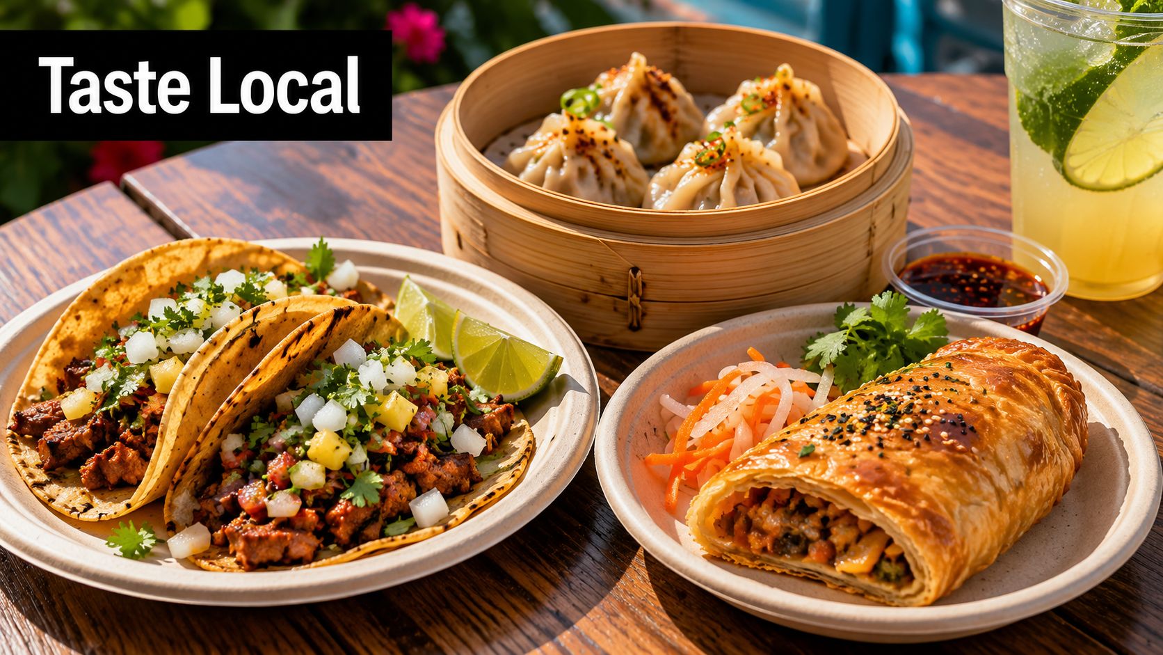 A wooden table featuring a spread of diverse international food including tacos, dumplings, and a savory pastry.