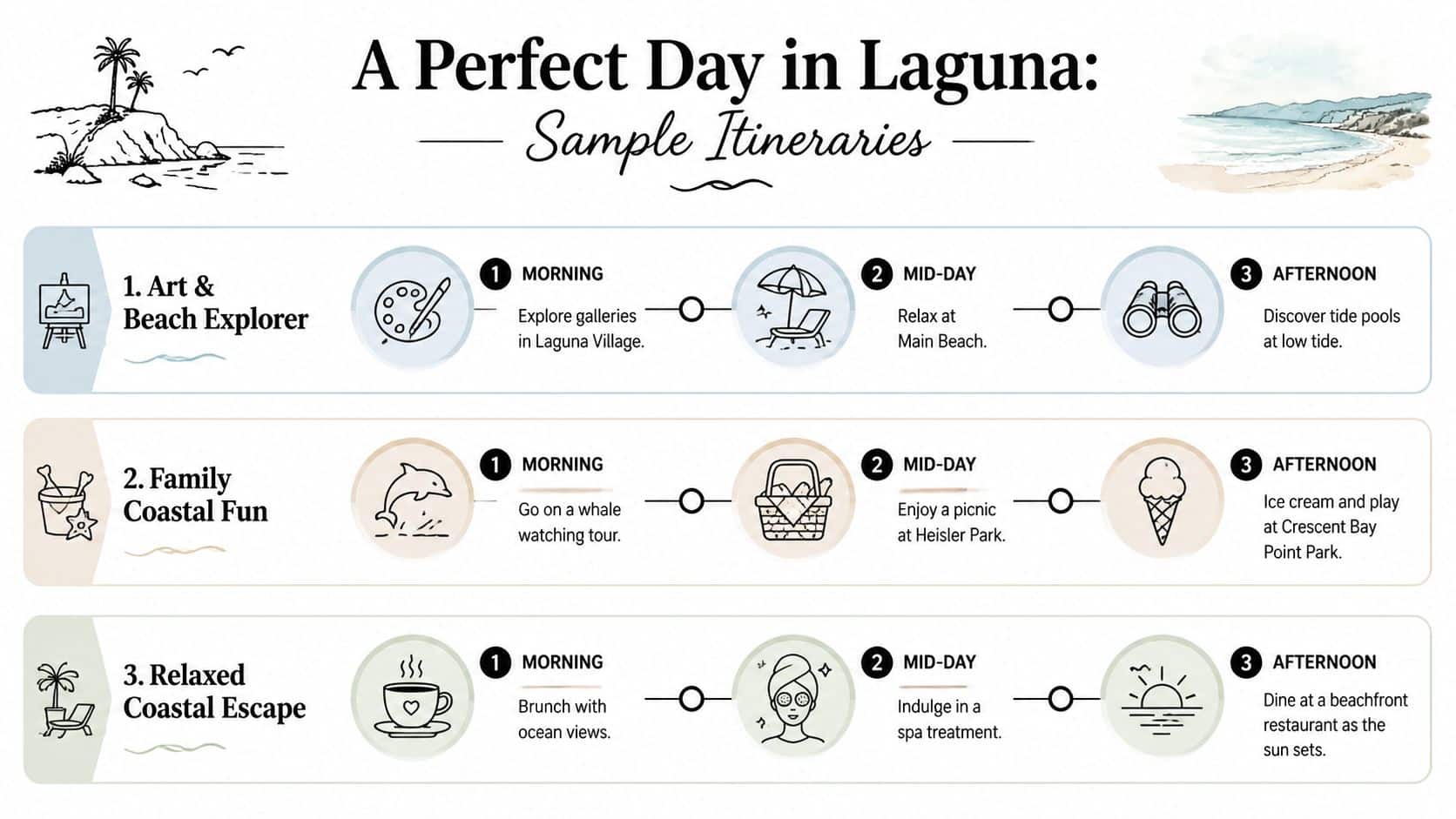 A travel itinerary graphic outlining three different one-day trip plans for visiting Laguna Beach, California.