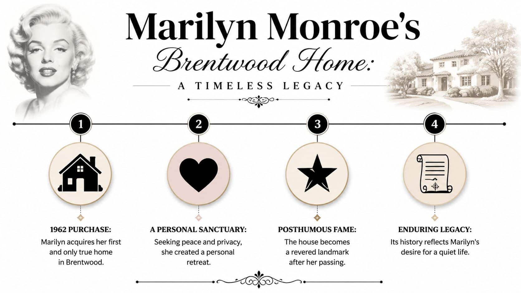 A timeline graphic depicting the history of Marilyn Monroe's iconic Brentwood home in four significant stages.