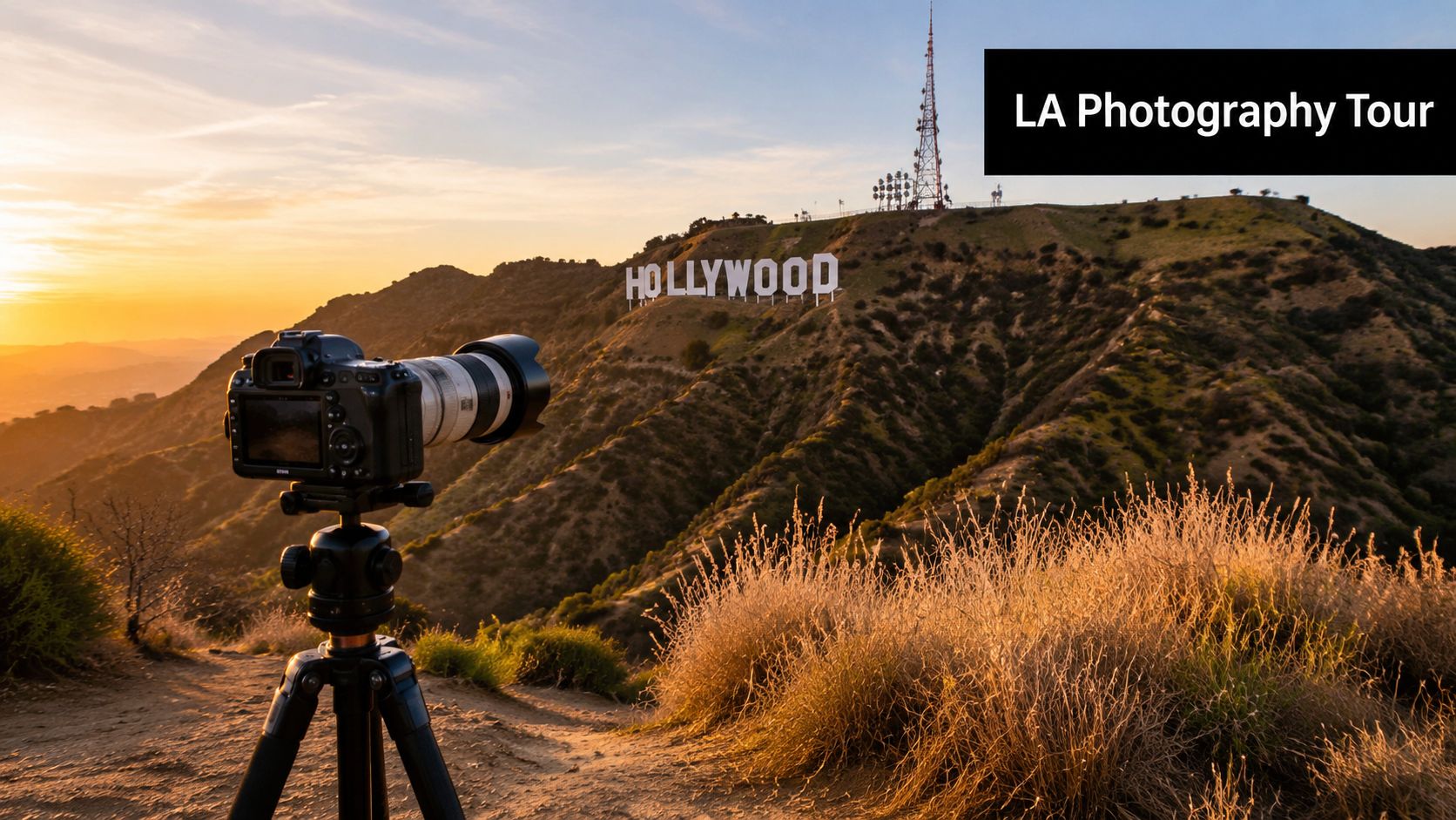 A professional camera on a tripod overlooking the iconic Hollywood sign during a beautiful golden sunset.