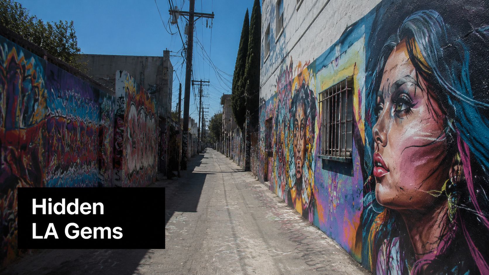 A vibrant alleyway in Los Angeles lined with colorful street art and expressive mural paintings.