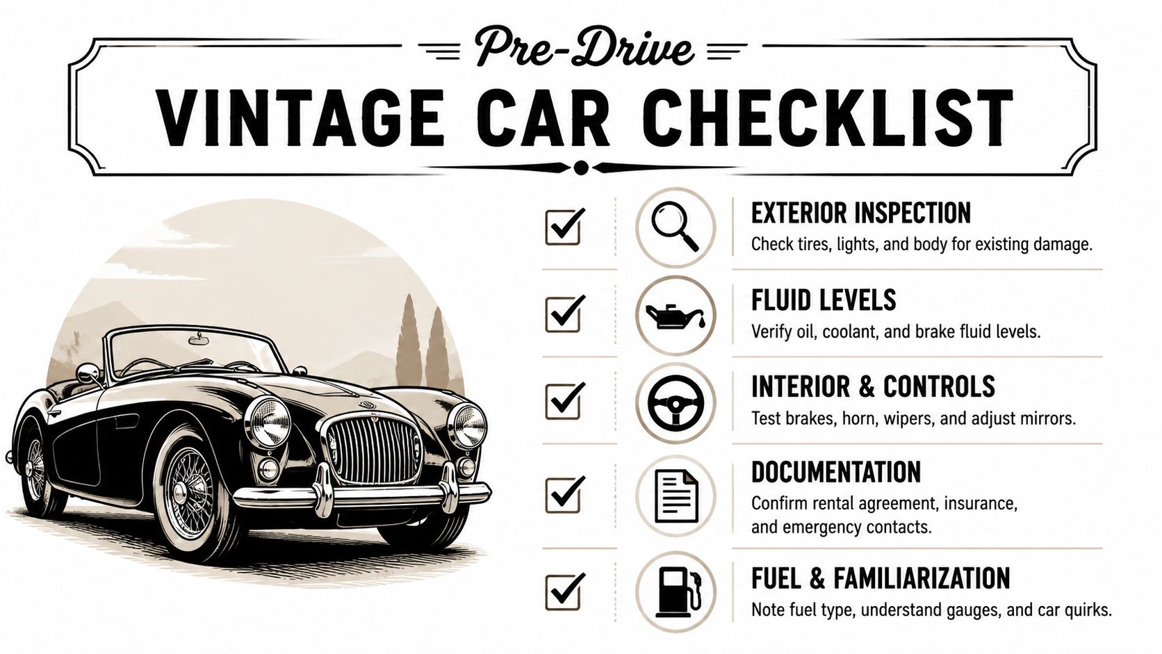 A pre-drive checklist infographic for classic vehicles, illustrating essential inspection steps including exterior, fluids, and safety controls.