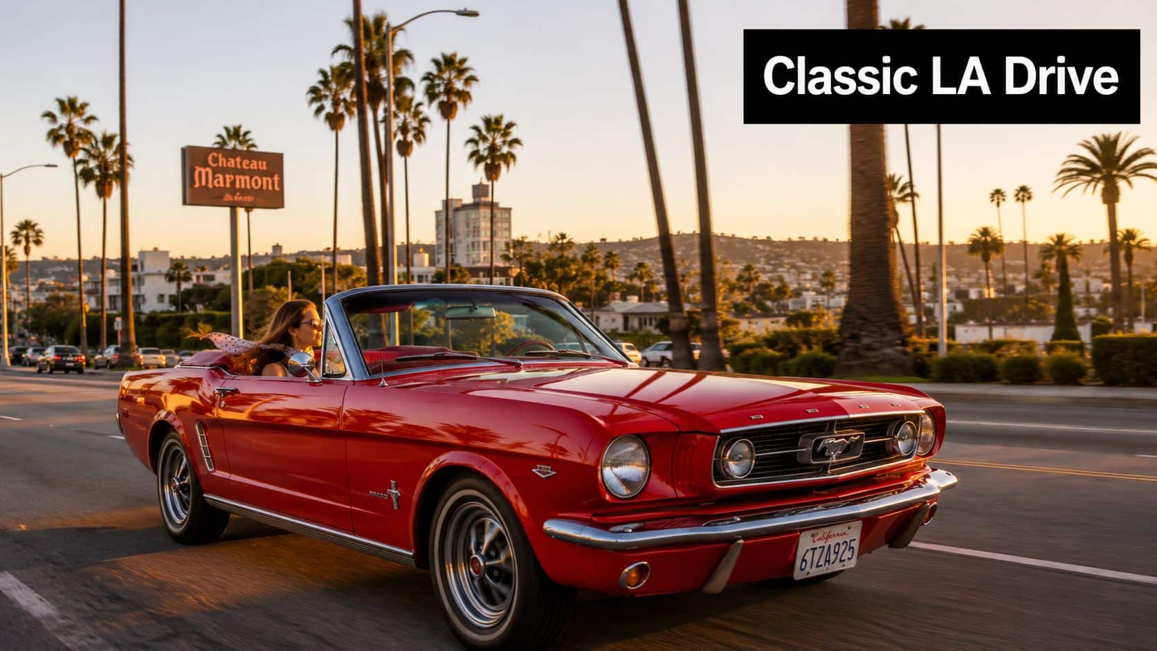 A woman driving a red vintage Ford Mustang convertible along a sunny Los Angeles street at sunset.