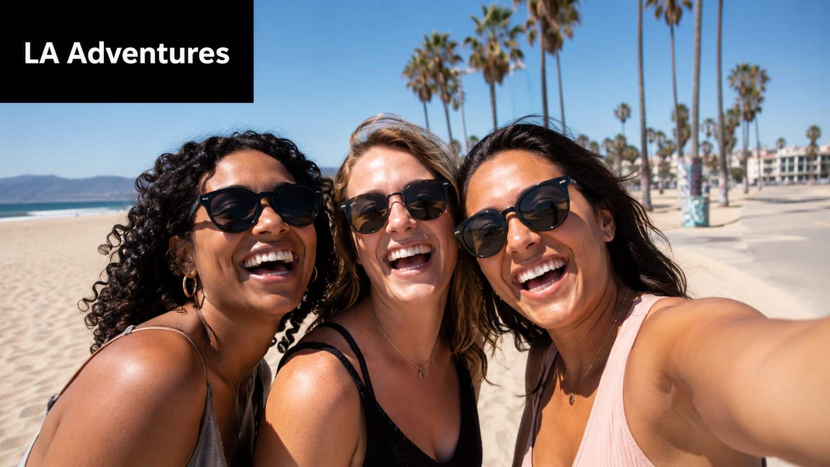 Three smiling friends wearing sunglasses taking a selfie on a sunny beach during their LA adventure.