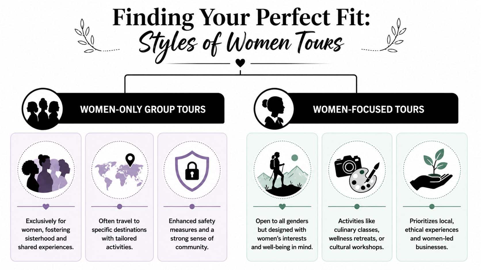 An infographic comparing women-only group tours with women-focused tours highlighting their unique features and benefits.