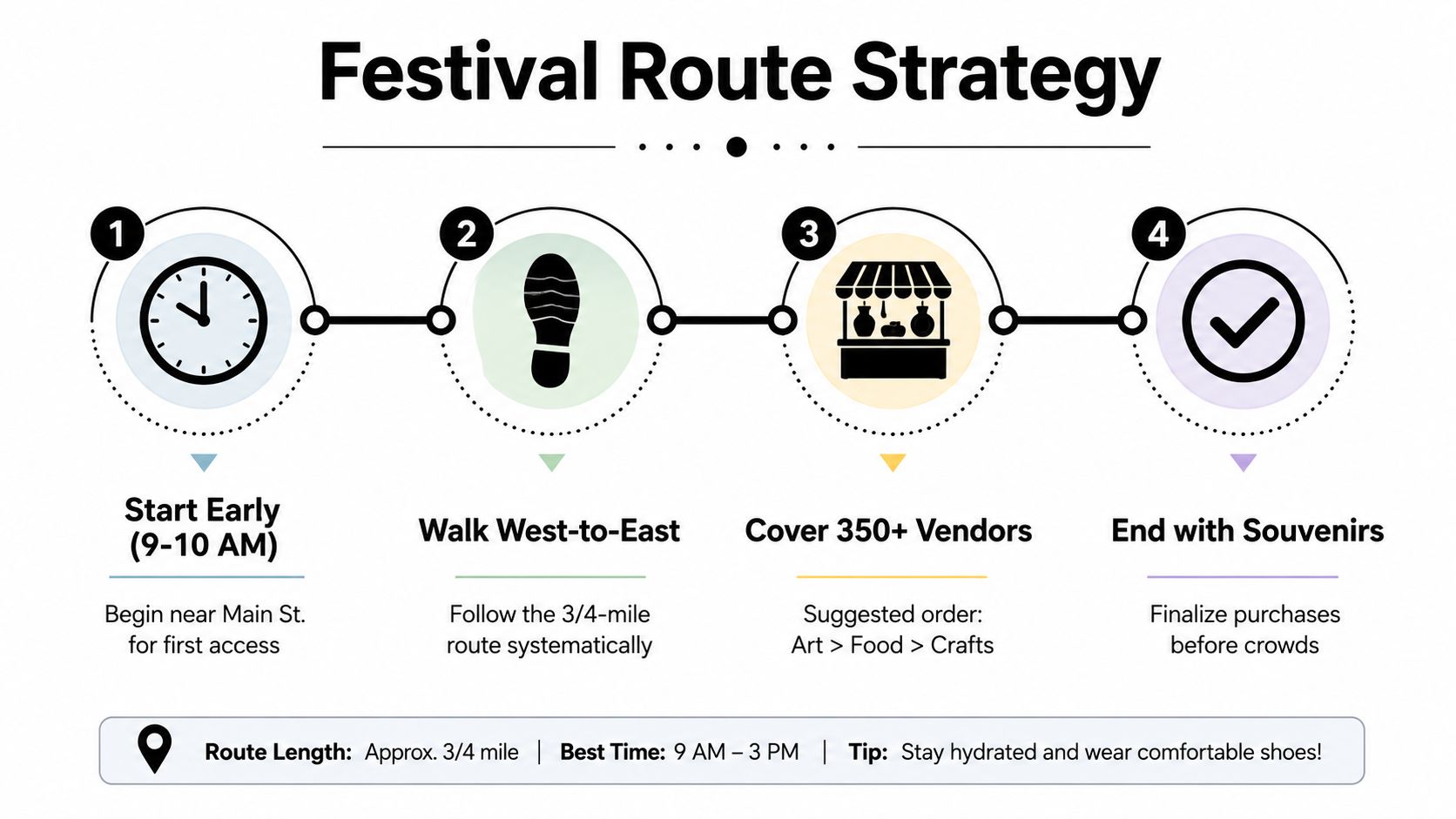 A four-step strategy infographic for navigating the Abbot Kinney festival, including timing, walking routes, and shopping tips.
