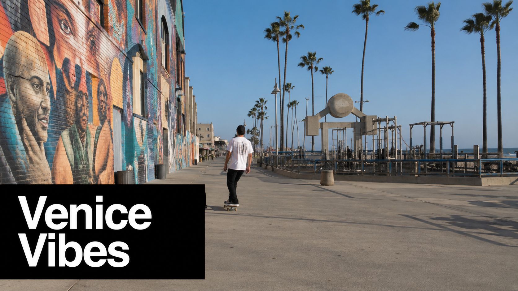 A skateboarder rides along the colorful graffiti wall on the Venice Beach boardwalk in California.