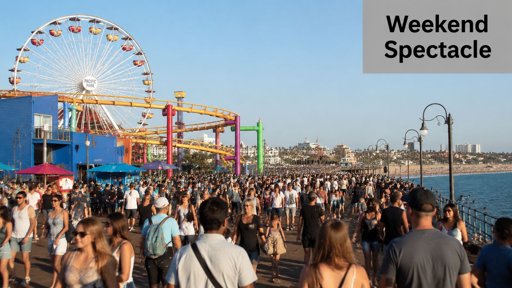 A crowded Santa Monica Pier during a sunny day with the Ferris wheel and roller coaster visible.