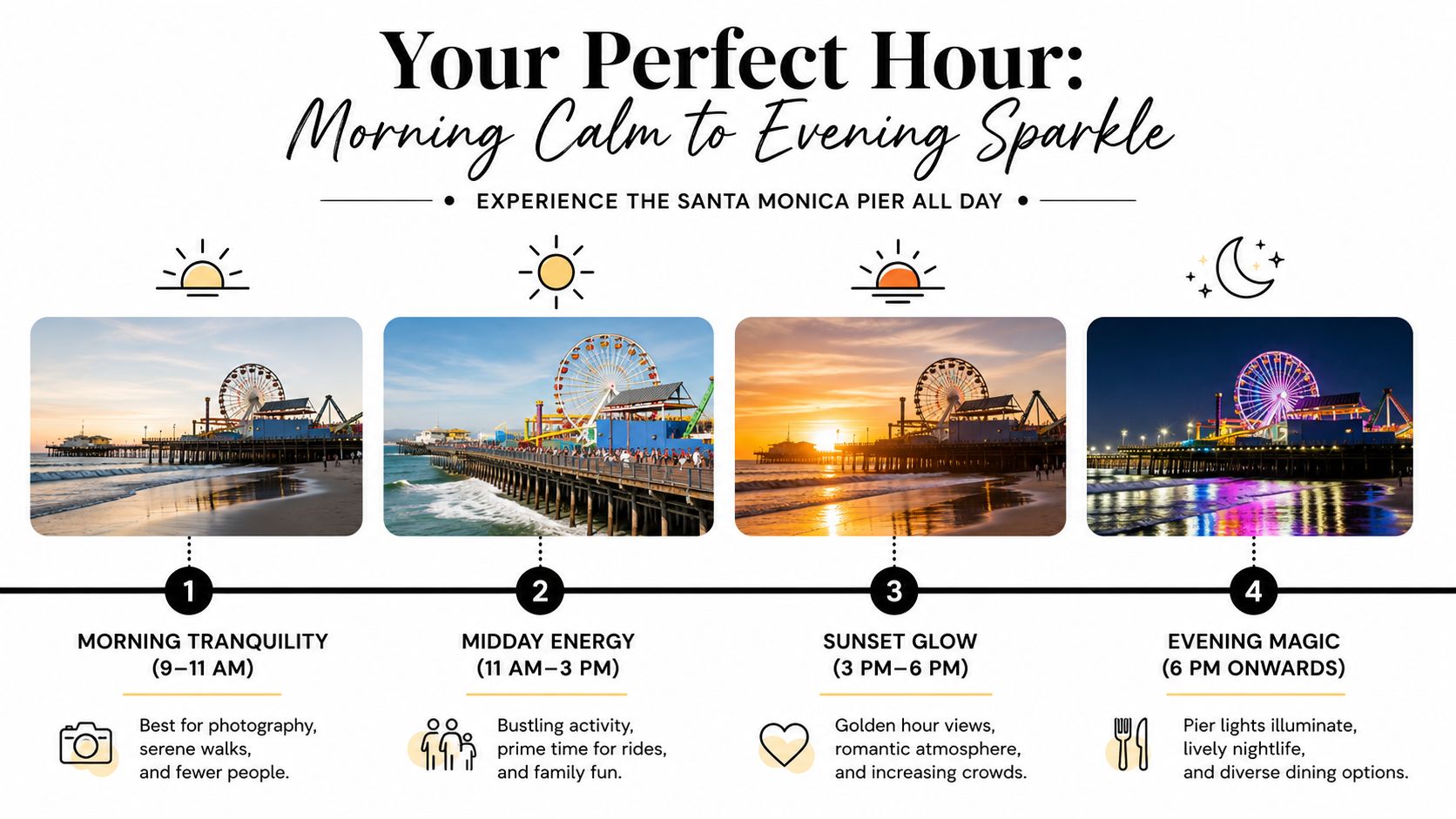 An infographic showing the best times to visit Santa Monica Pier from morning calm to evening sparkle.