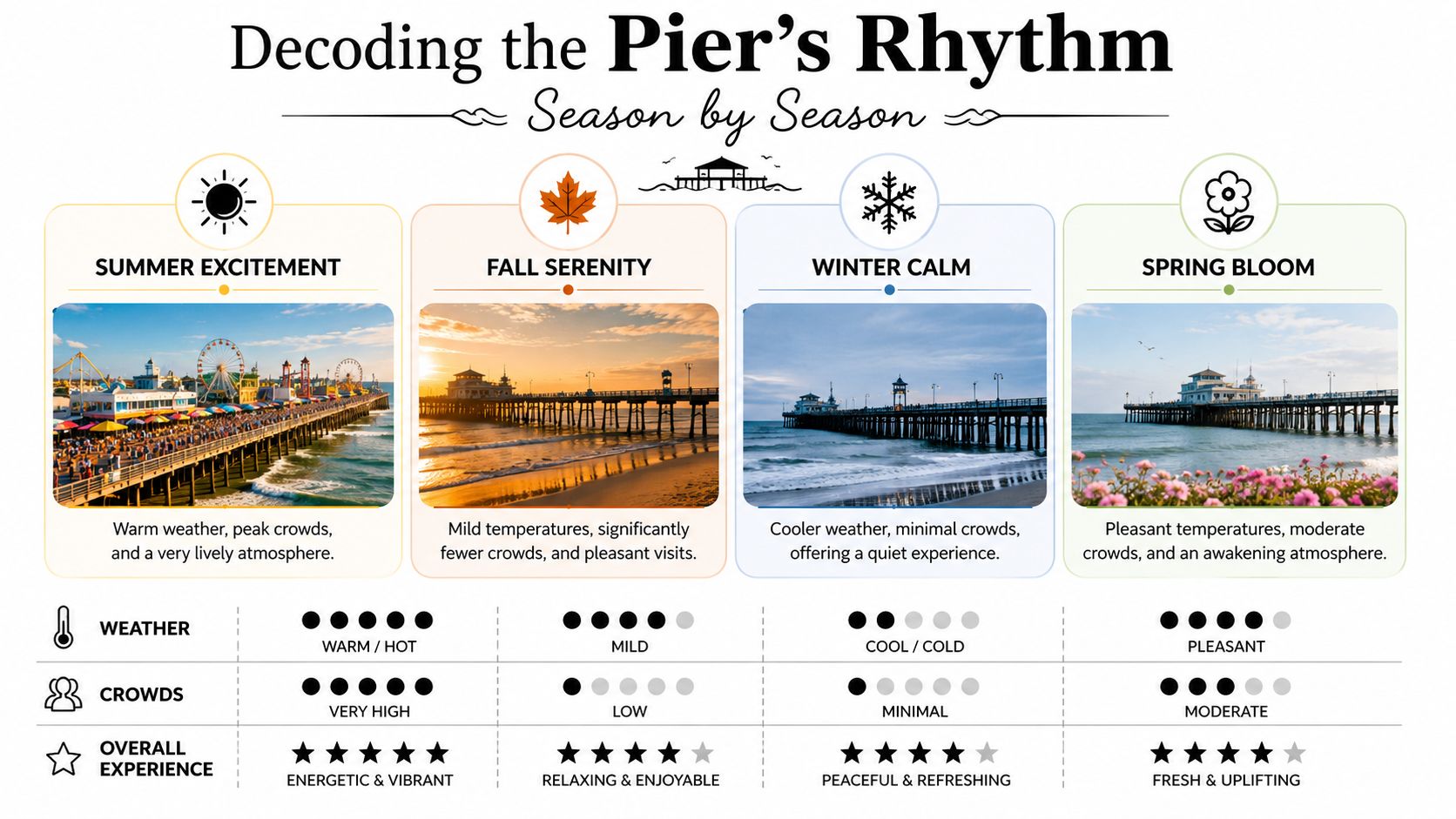 An infographic titled Decoding the Pier's Rhythm showing how crowd levels and atmosphere change across four seasons.