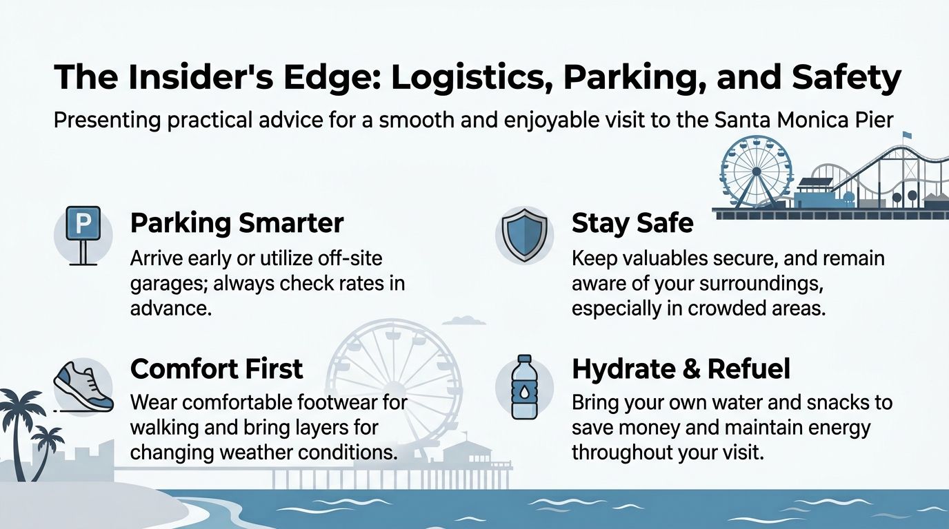An infographic titled The Insider's Edge providing practical tips for visiting the Santa Monica Pier in California.