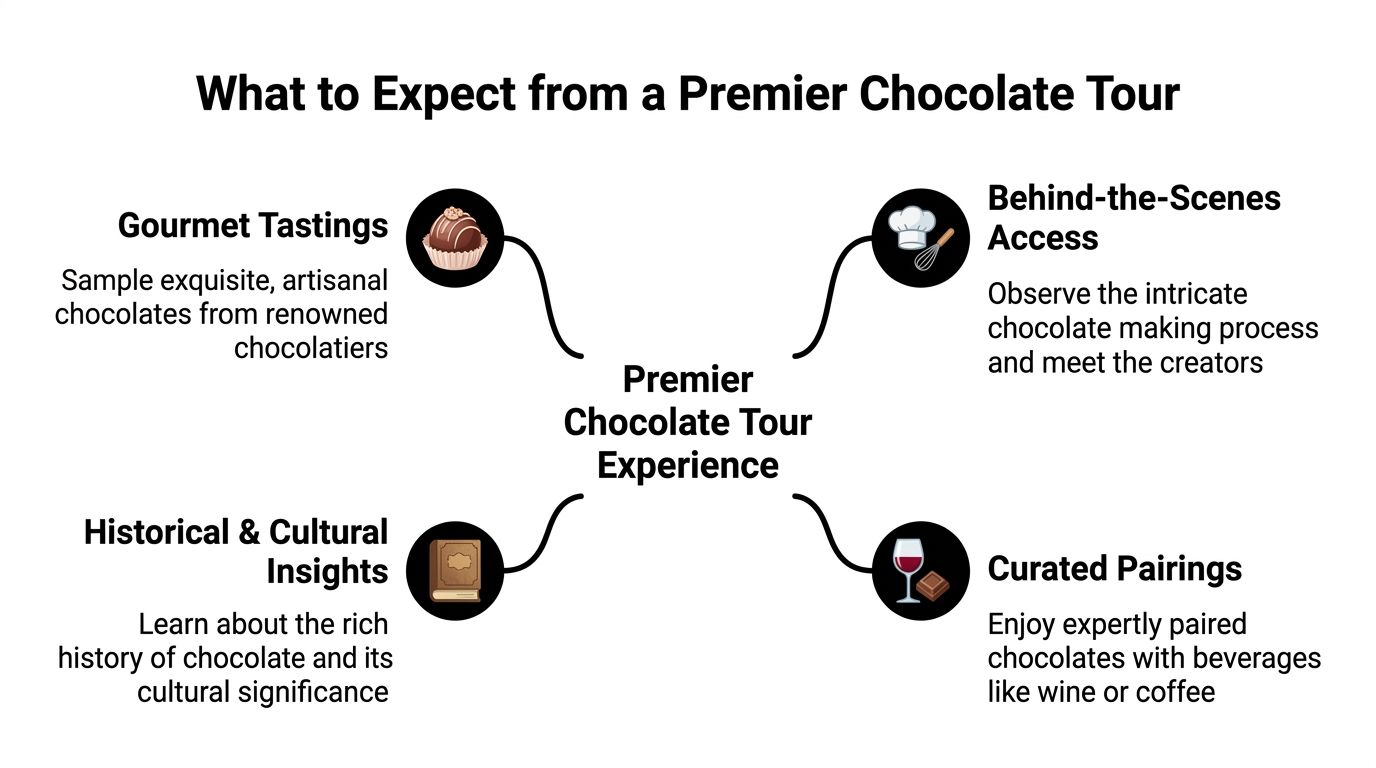 A diagram outlining the key features of a premier chocolate tour experience including tastings, behind-the-scenes access, and pairings.