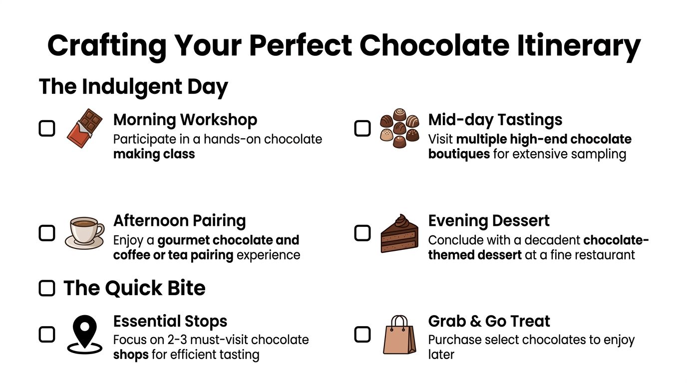 A list of suggested activities for a chocolate-themed itinerary, including workshops, tastings, and gourmet dessert experiences.