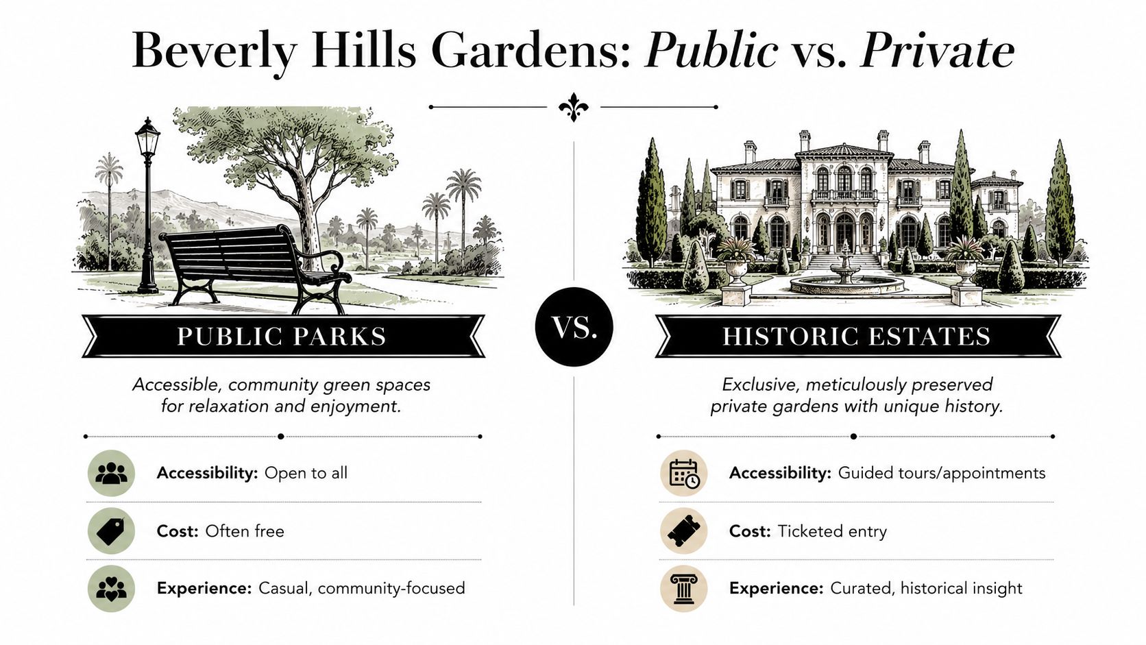 A comparison chart showing the differences between public parks and historic private estates in Beverly Hills.