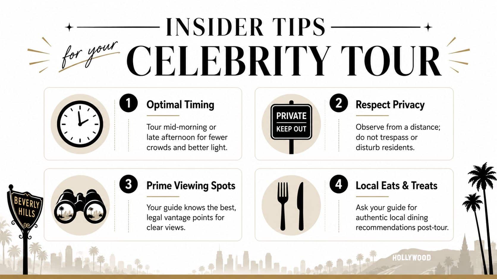 An infographic titled Insider Tips for your Celebrity Tour, featuring four numbered advice boxes with illustrated icons.