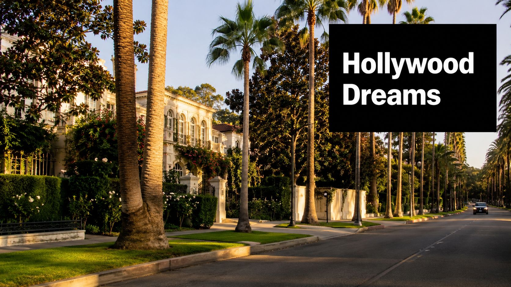 A picturesque street in California lined with palm trees and luxurious celebrity style mansions at sunset.