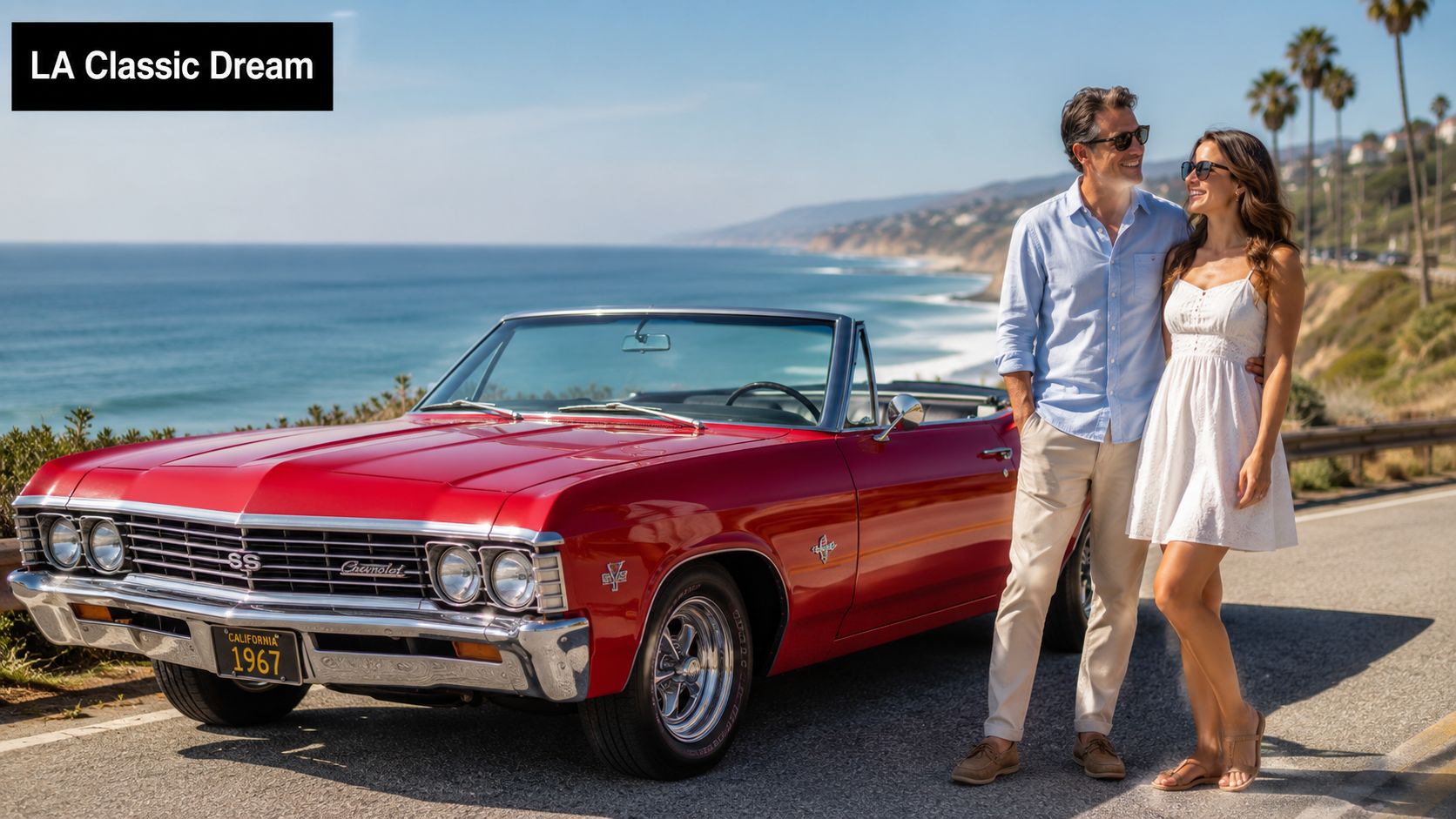 A happy couple standing next to a red 1967 classic Chevrolet convertible on a coastal California road.