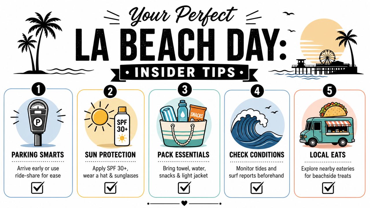 An infographic titled Your Perfect LA Beach Day with five tips for visiting Los Angeles beaches.