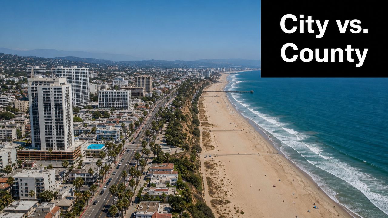 A high-angle aerial view of the Santa Monica coastline, showing tall apartment buildings next to the sandy beach.