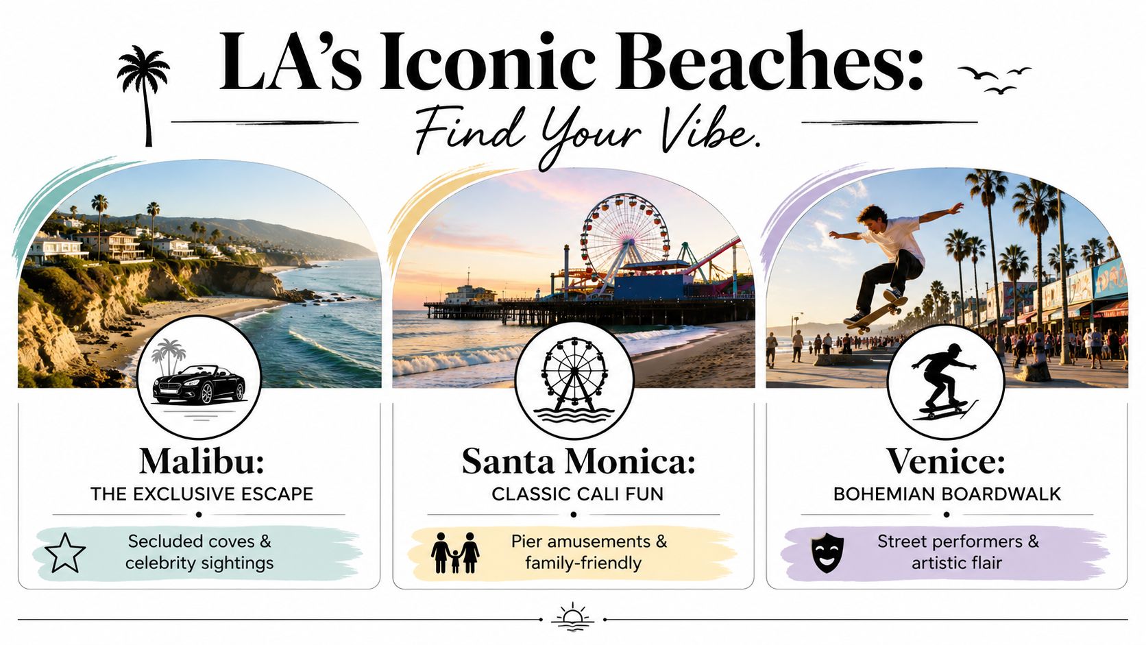 A travel graphic showcasing iconic Los Angeles beaches including Malibu, Santa Monica, and Venice with descriptions.