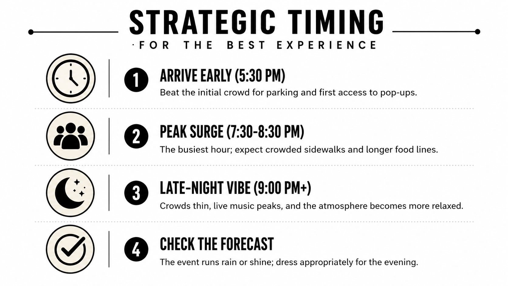 A strategic timing infographic for attending the First Fridays in Venice event with four helpful tips.
