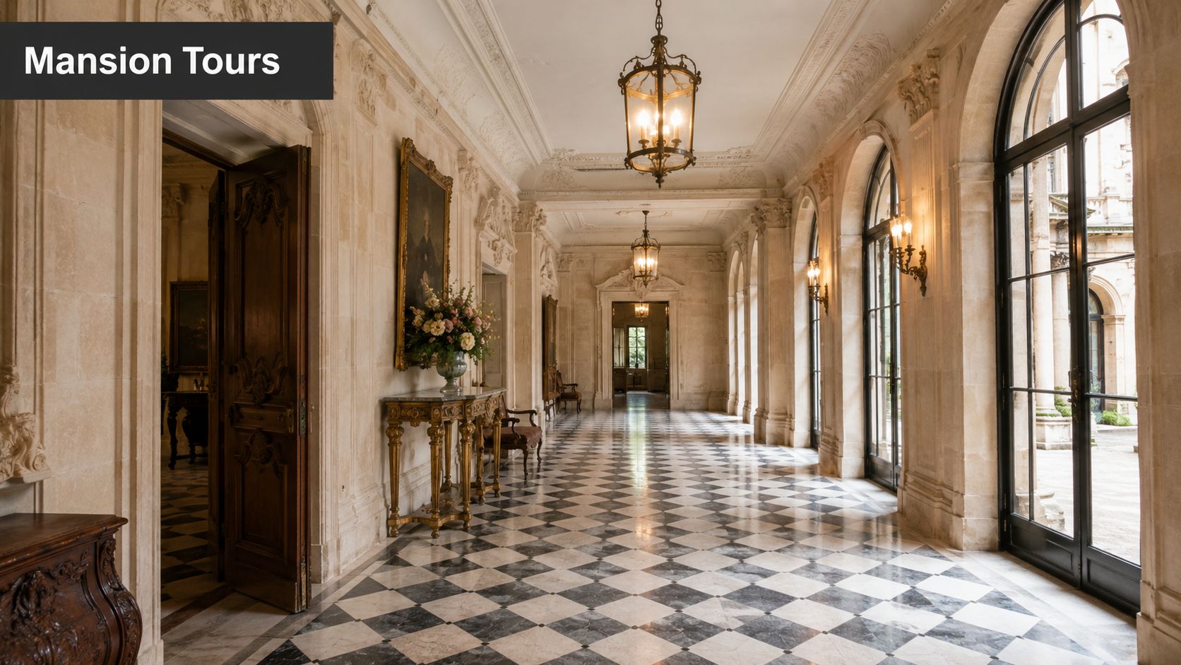 An elegant marble-floored hallway in a historic mansion featuring arched windows and ornate classic lighting fixtures.