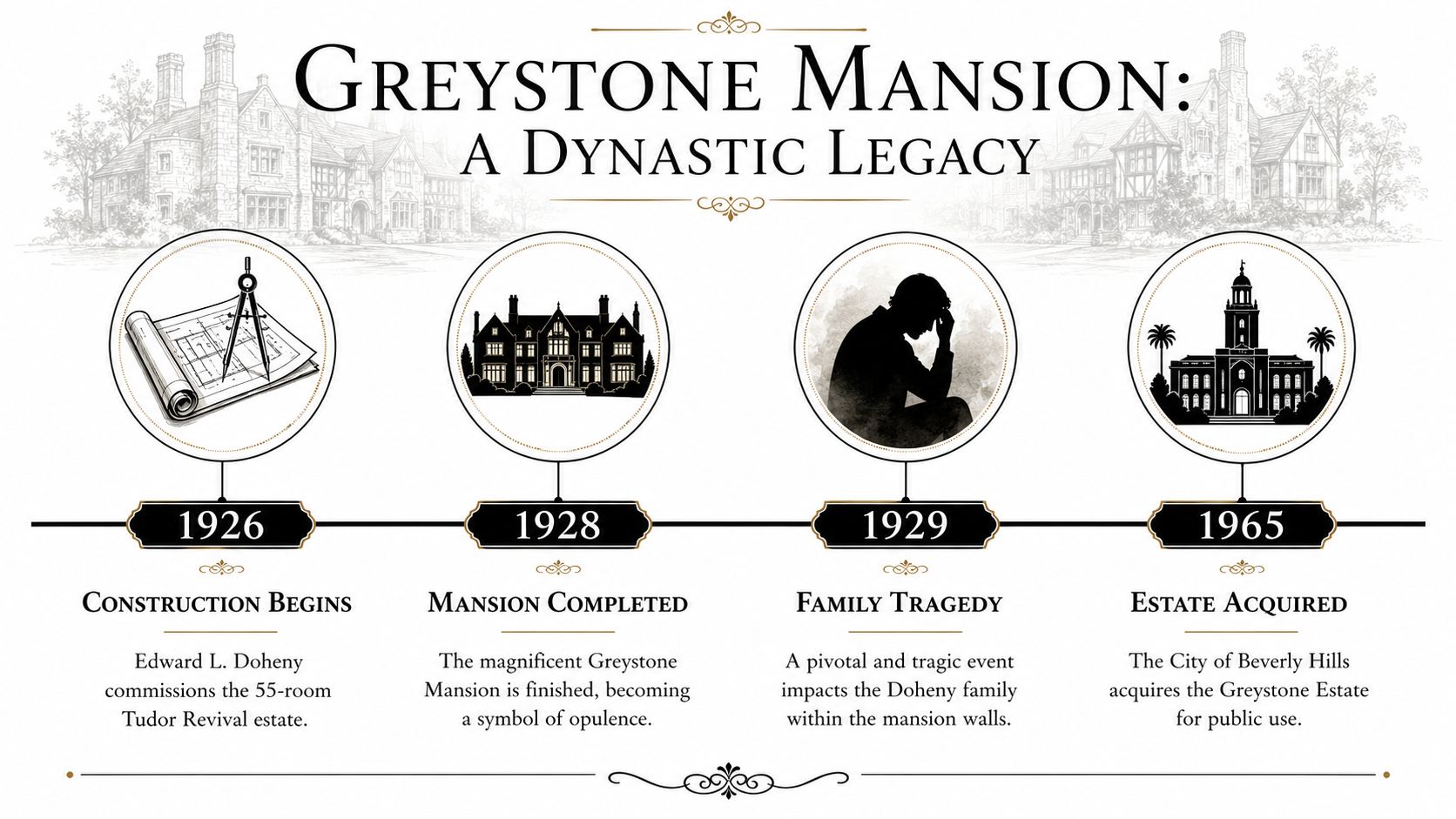 A timeline graphic depicting the history of Greystone Mansion in Los Angeles from 1926 to 1965.