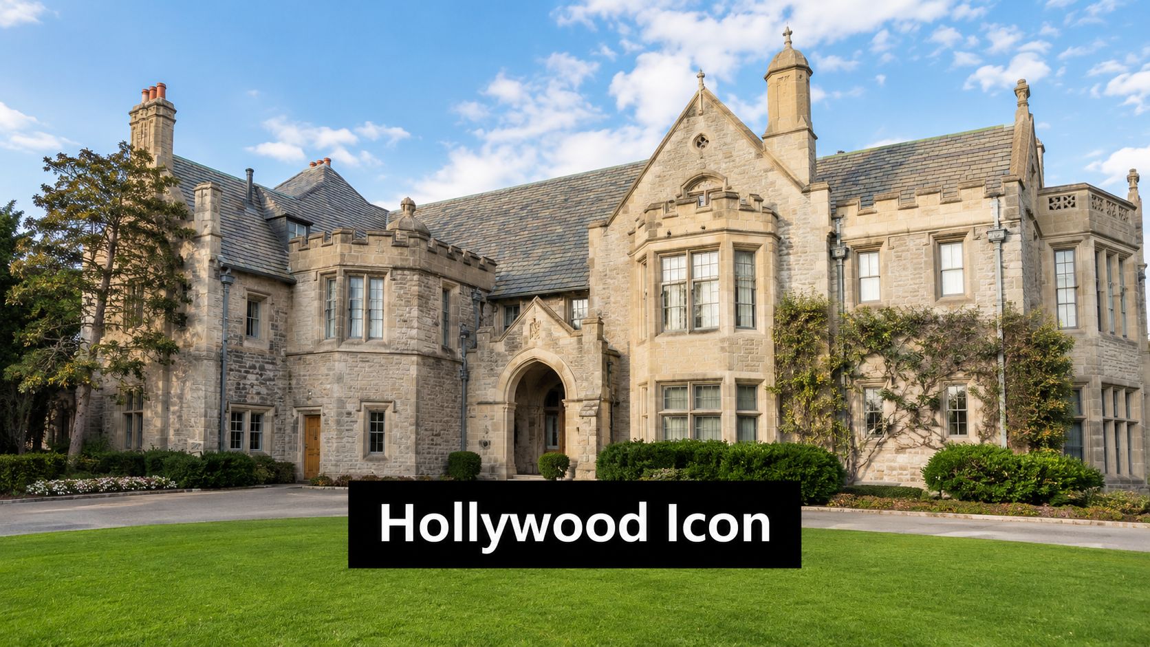 The historic stone Greystone Mansion in Los Angeles surrounded by lush green lawns and a clear blue sky.