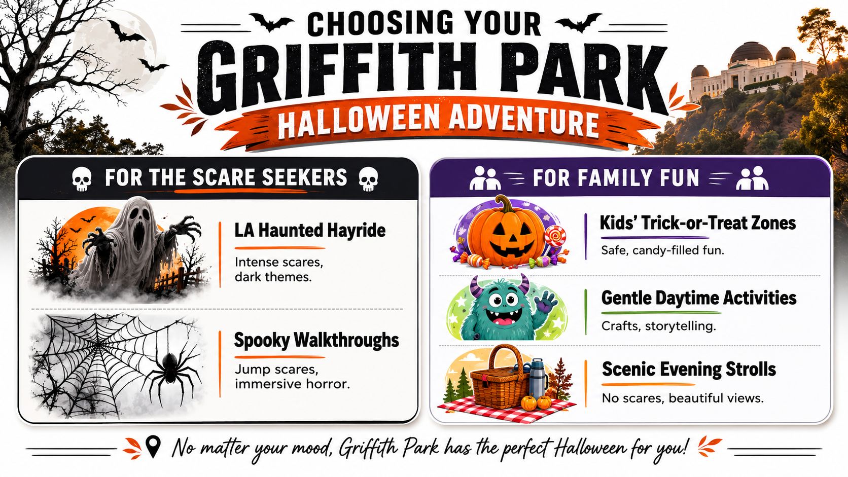 A Griffith Park Halloween event guide featuring options for both intense scare seekers and family-friendly activities.
