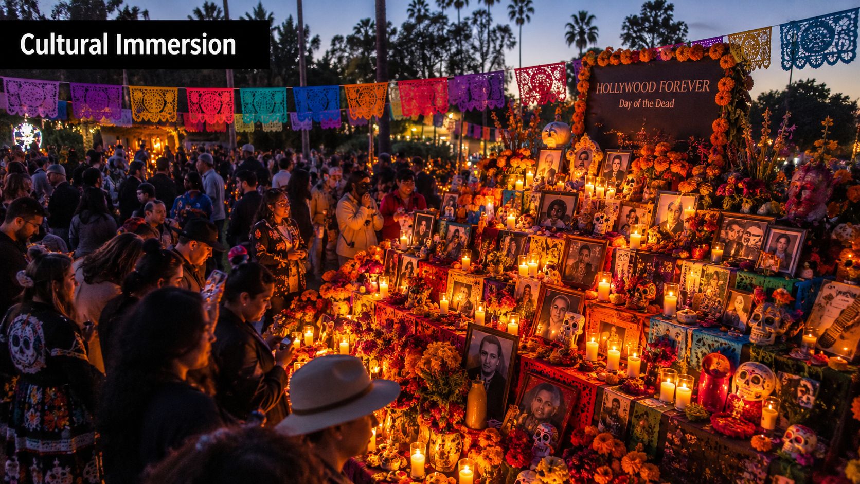 A crowd gathers around a large, illuminated Day of the Dead altar at Hollywood Forever Cemetery.