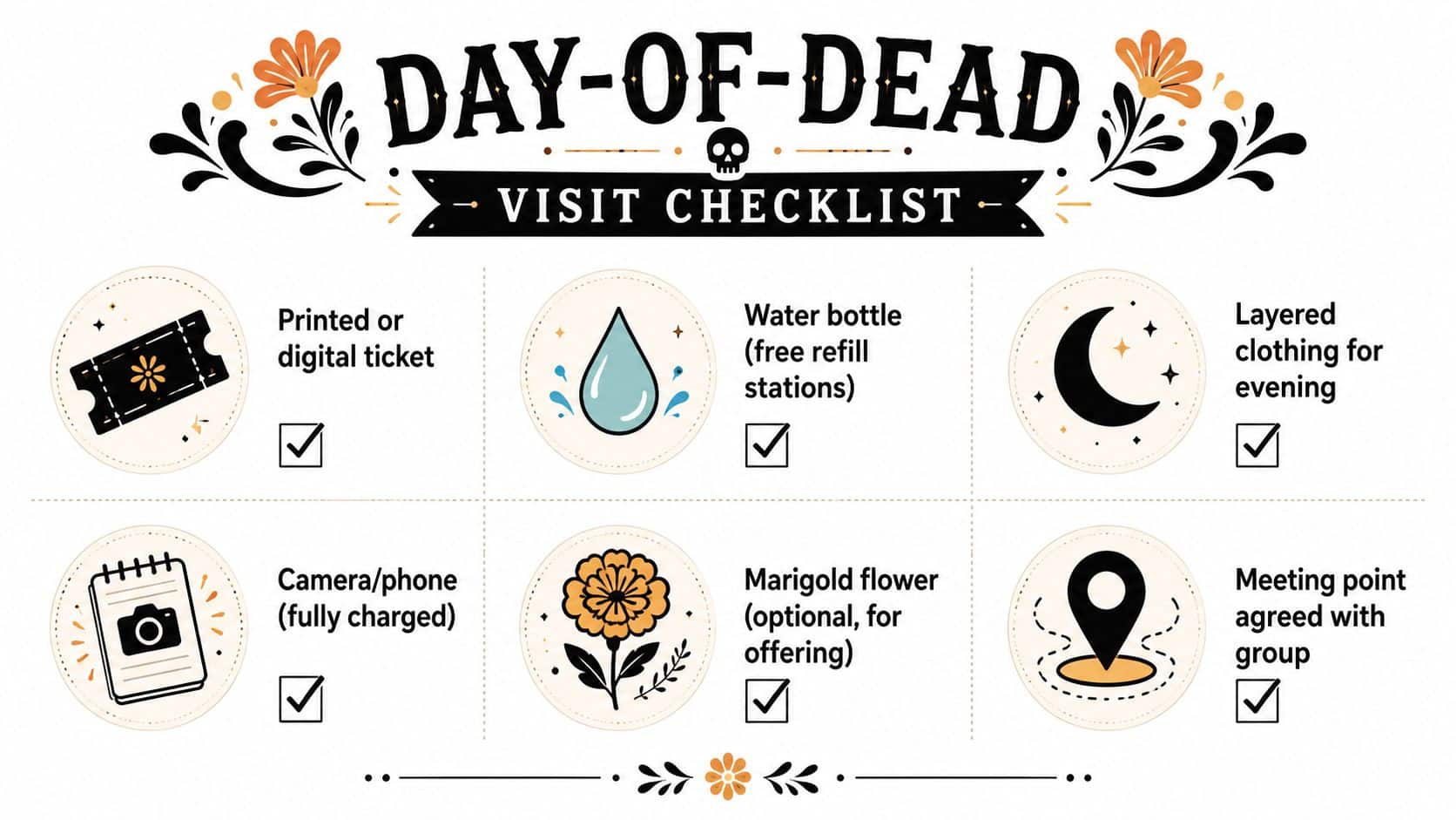 An infographic checklist for a Day of the Dead event featuring essential items to bring.