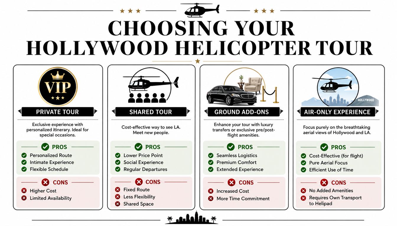 An infographic comparing private tours, shared tours, ground add-ons, and air-only experiences for Hollywood helicopter tours.
