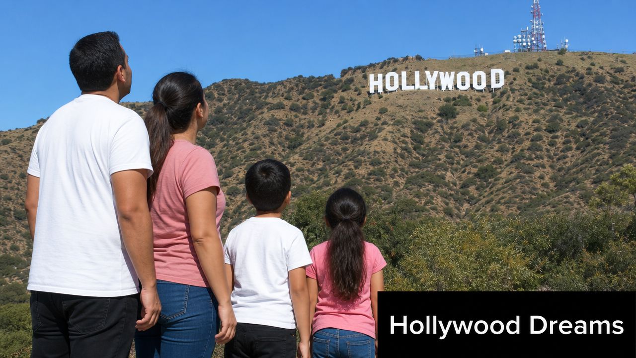A family of four looking out at the famous Hollywood sign on a sunny day in California.