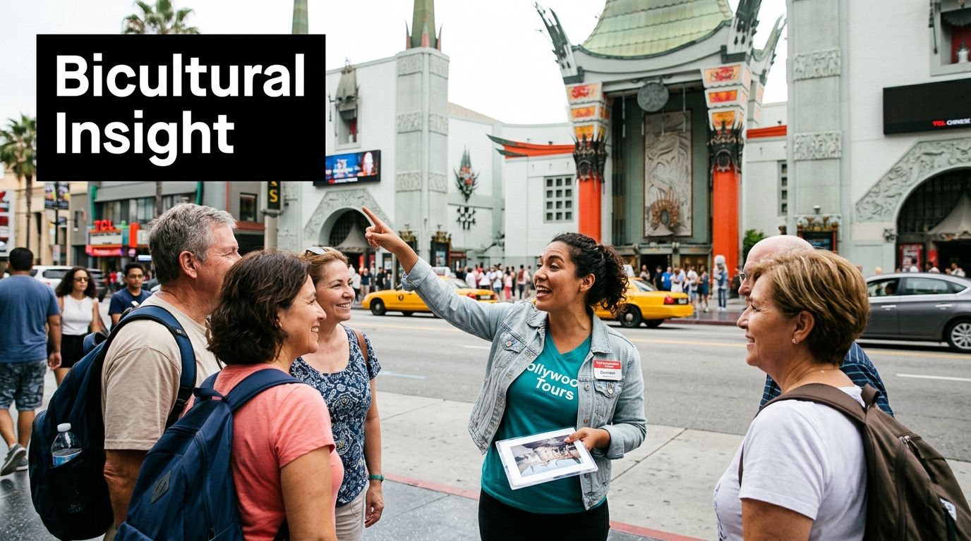 A bilingual tour guide gives an informative Hollywood tour to a group of interested tourists outside TCL Chinese Theatre.
