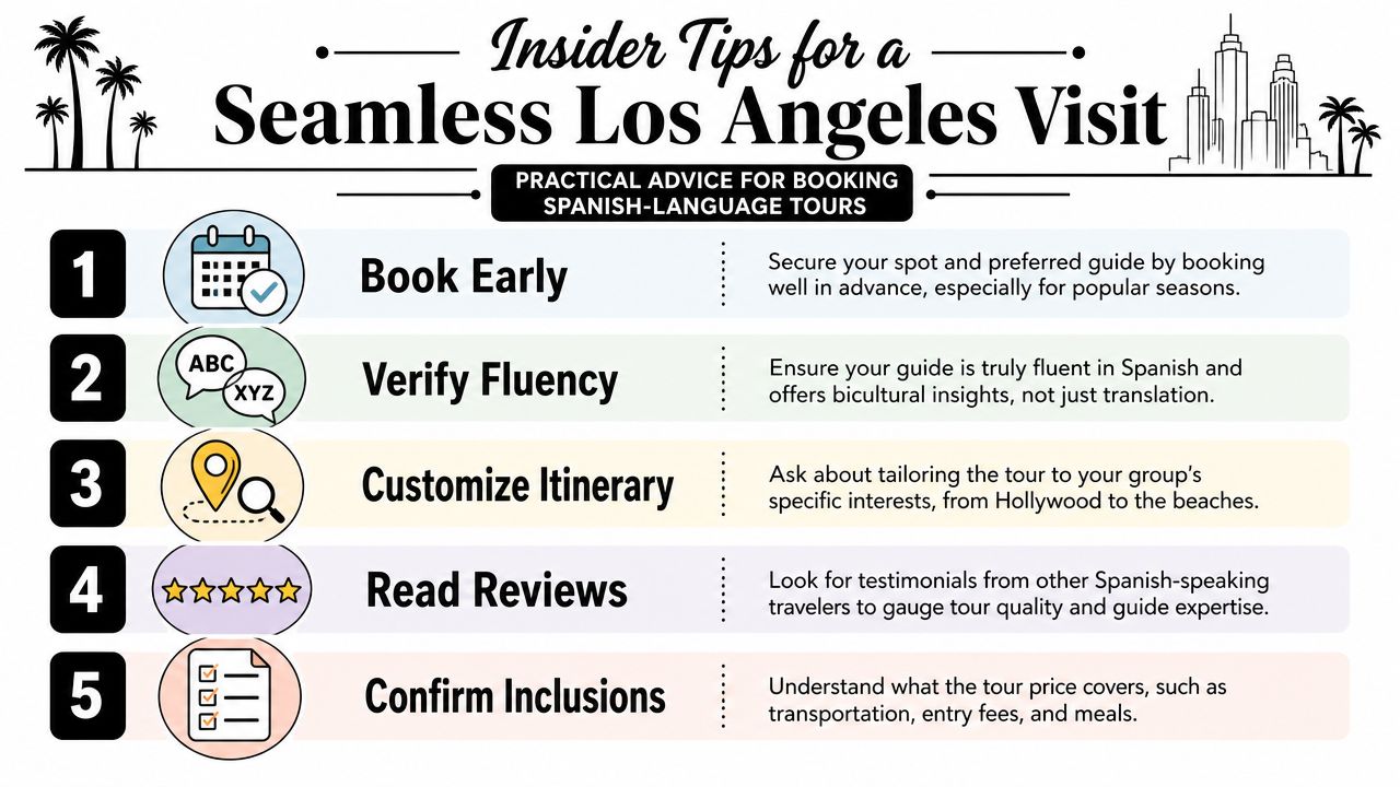 An infographic titled Insider Tips for a Seamless Los Angeles Visit providing advice for booking Spanish-language tours.