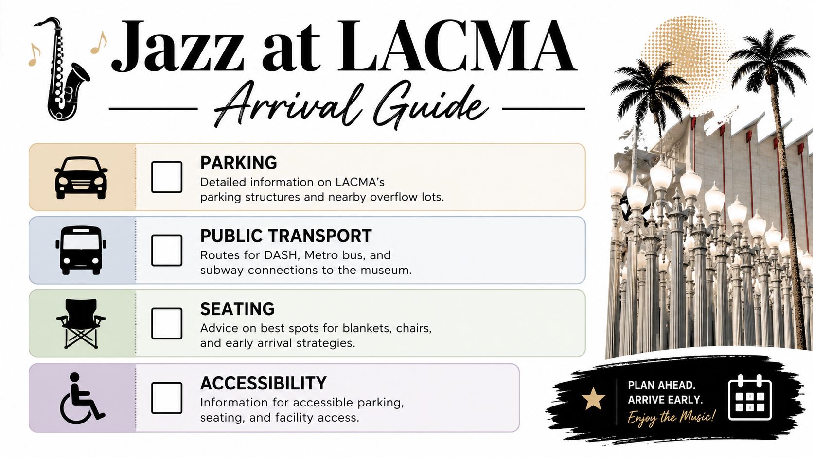 An informational guide for attending Jazz at LACMA events, featuring sections for parking, public transport, seating, and accessibility.