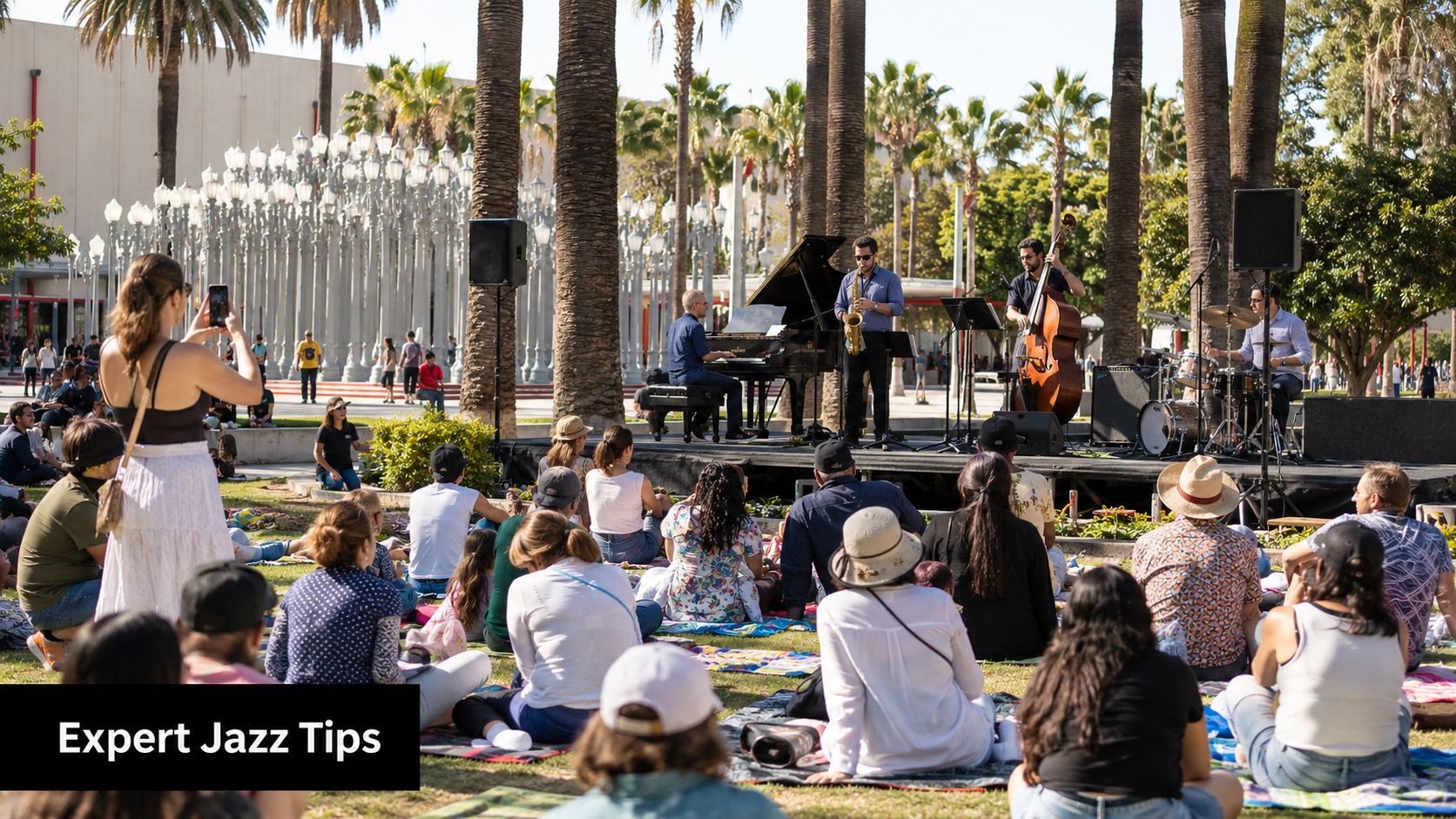 An outdoor jazz band performs on a stage before an audience sitting on blankets at LACMA.