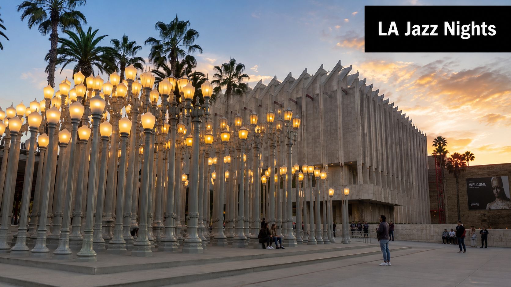 The Urban Light art installation at LACMA during a beautiful golden sunset with people walking nearby.