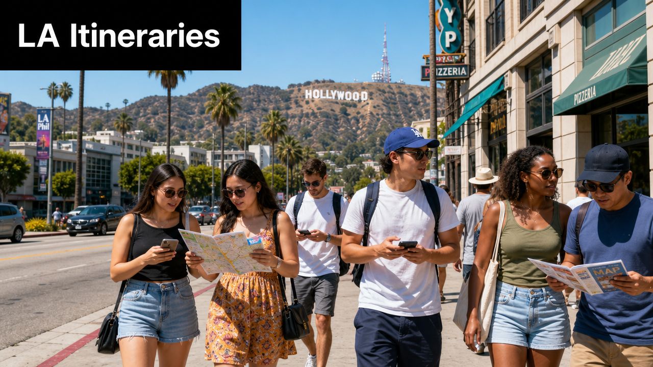 A group of diverse young tourists exploring Los Angeles with maps and phones near the Hollywood sign.