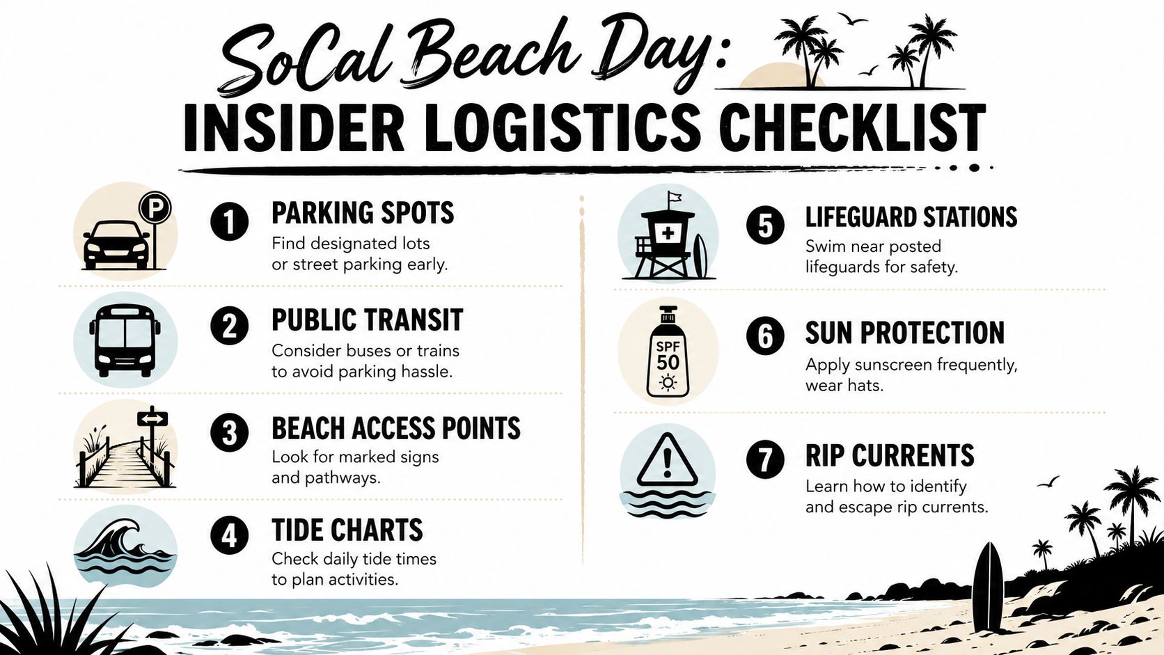 An infographic checklist for SoCal beach logistics featuring tips on parking, public transit, and ocean safety.