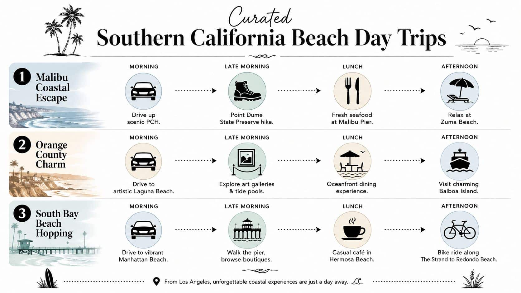 A travel itinerary infographic suggesting three curated Southern California beach day trips from Los Angeles.