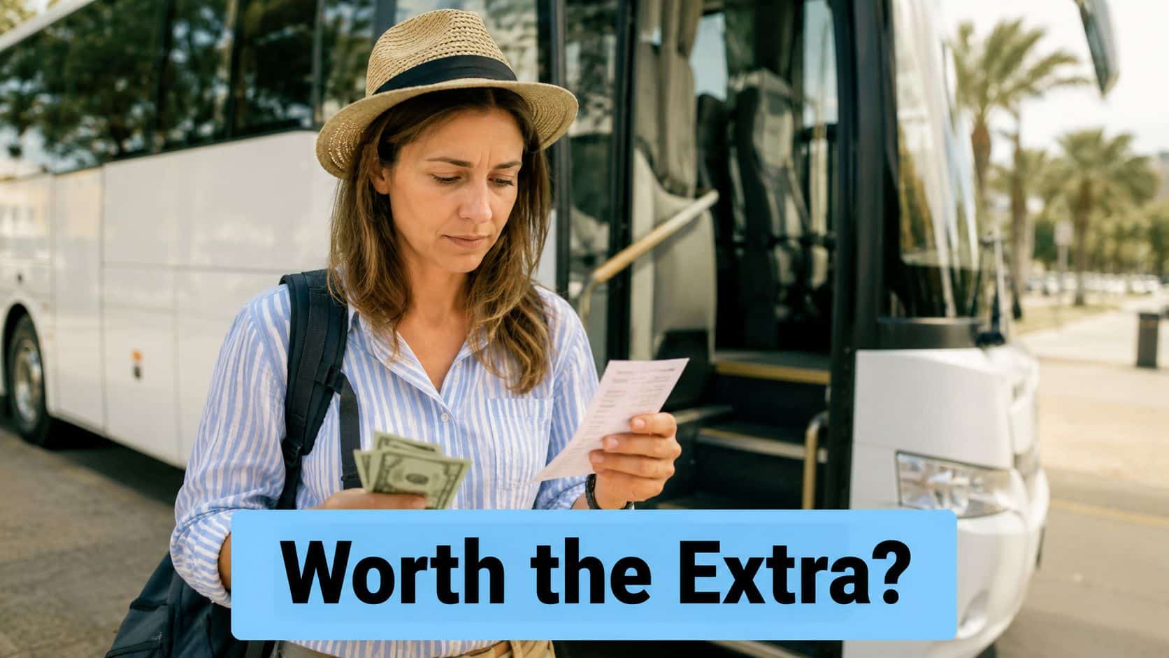 A woman holding cash and a receipt while standing outside a bus during her travel excursion.