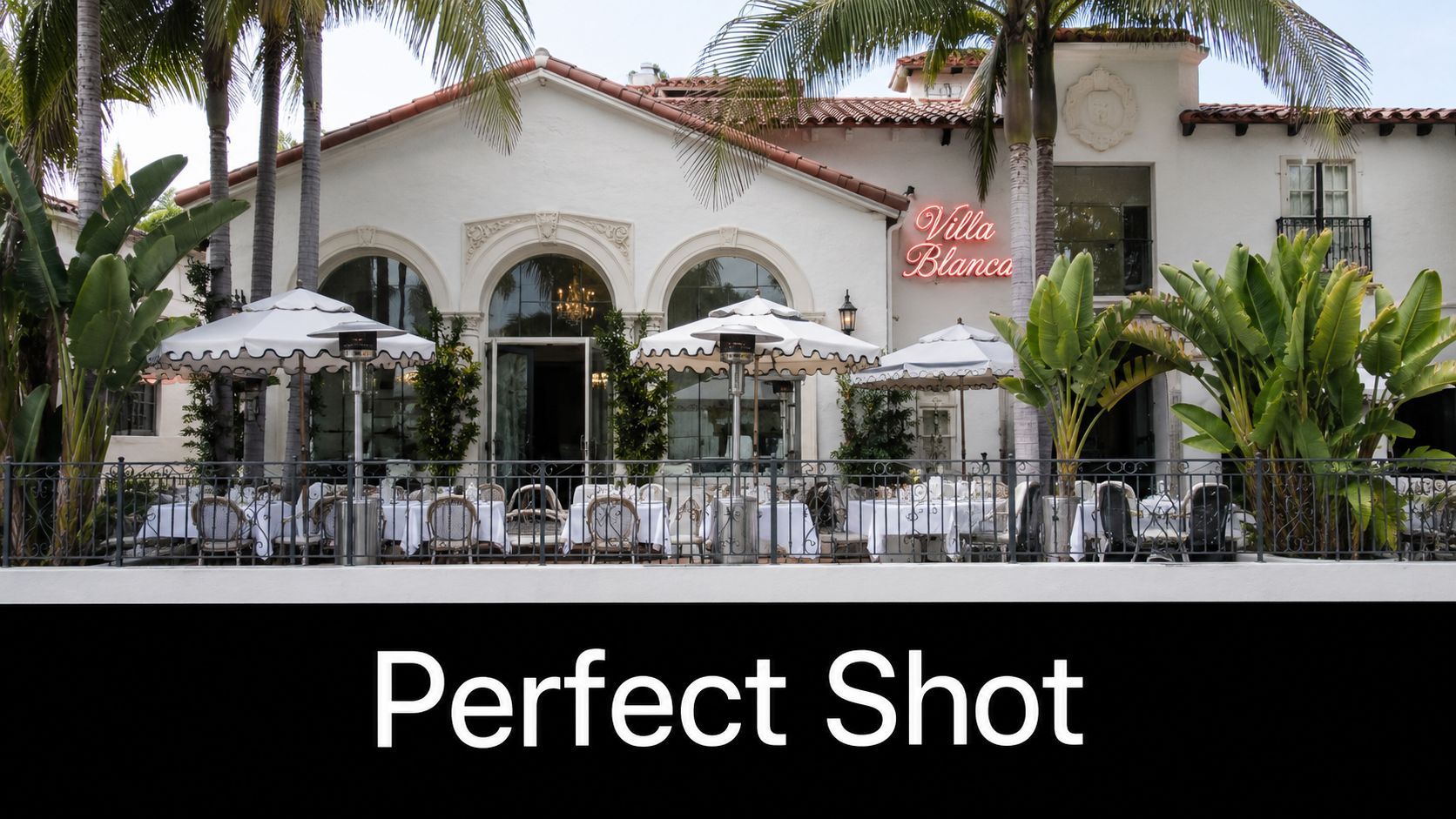 Outdoor patio dining area with white umbrellas and lush palm trees at Villa Blanca restaurant in Los Angeles.