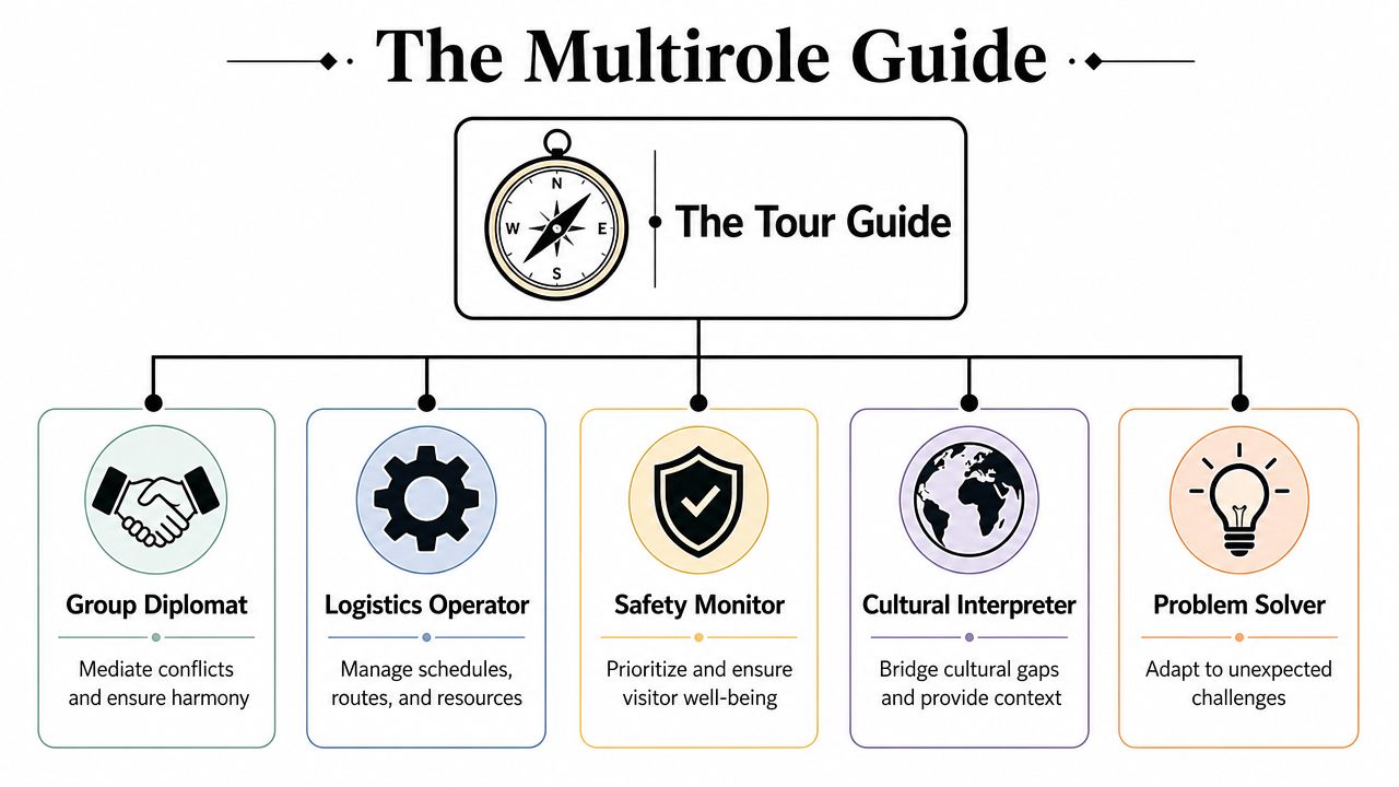 A diagram titled The Multirole Guide showing the five key responsibilities of a professional tour guide.