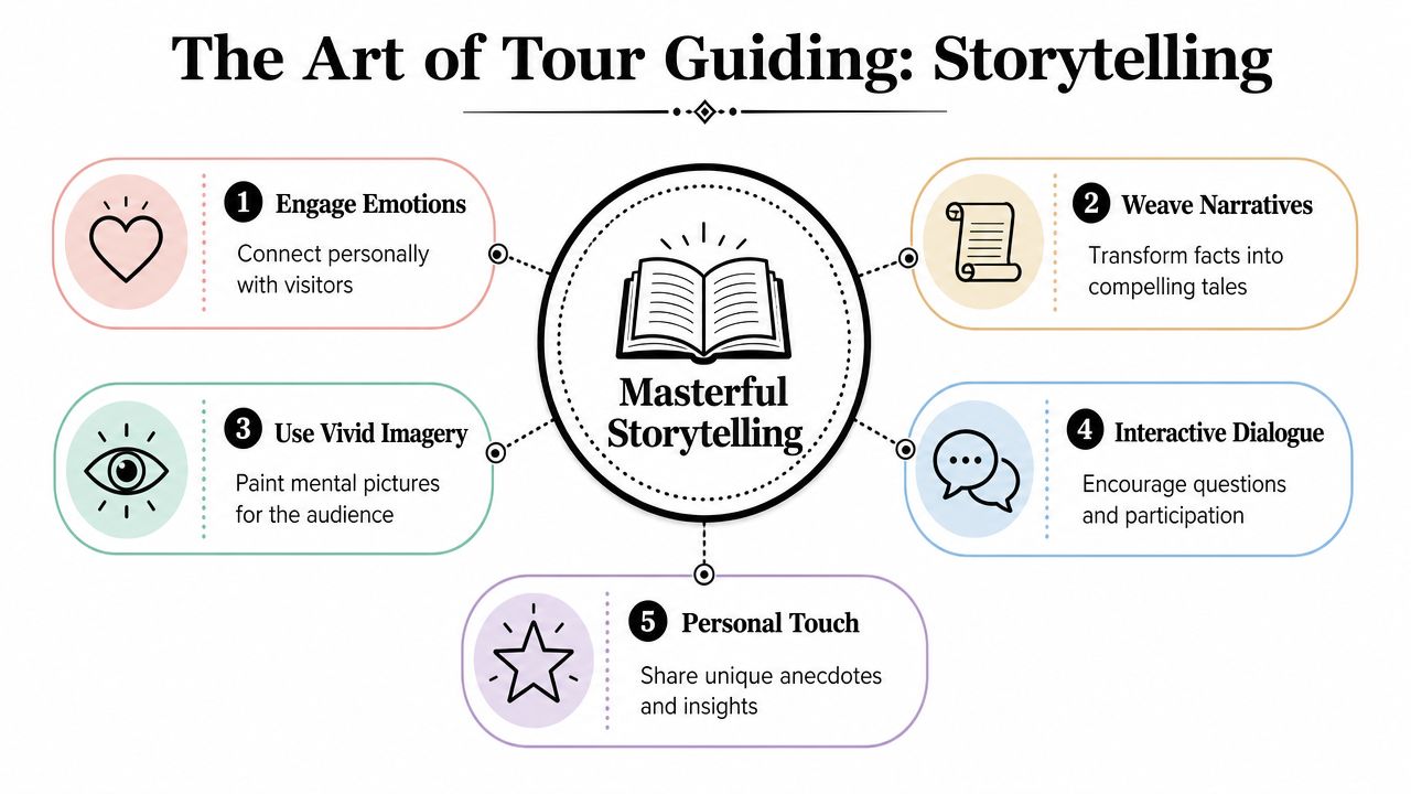 An infographic titled The Art of Tour Guiding illustrating five key storytelling techniques for tour guides.